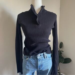 Vintage Minimalist Anne Klein Sport Black Ribbed Zip-Front Mock Neck Sweater